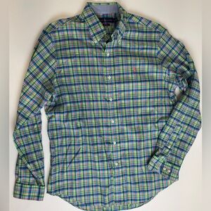 RALPH LAUREN Vibrant Lime Green Plaid NO IRON Cotton Button Dress Shirt Large